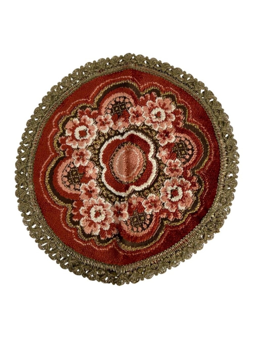 Vintage Round Floral Baroque Tapestry Doily w/ Lace Trim 10" By Imperia